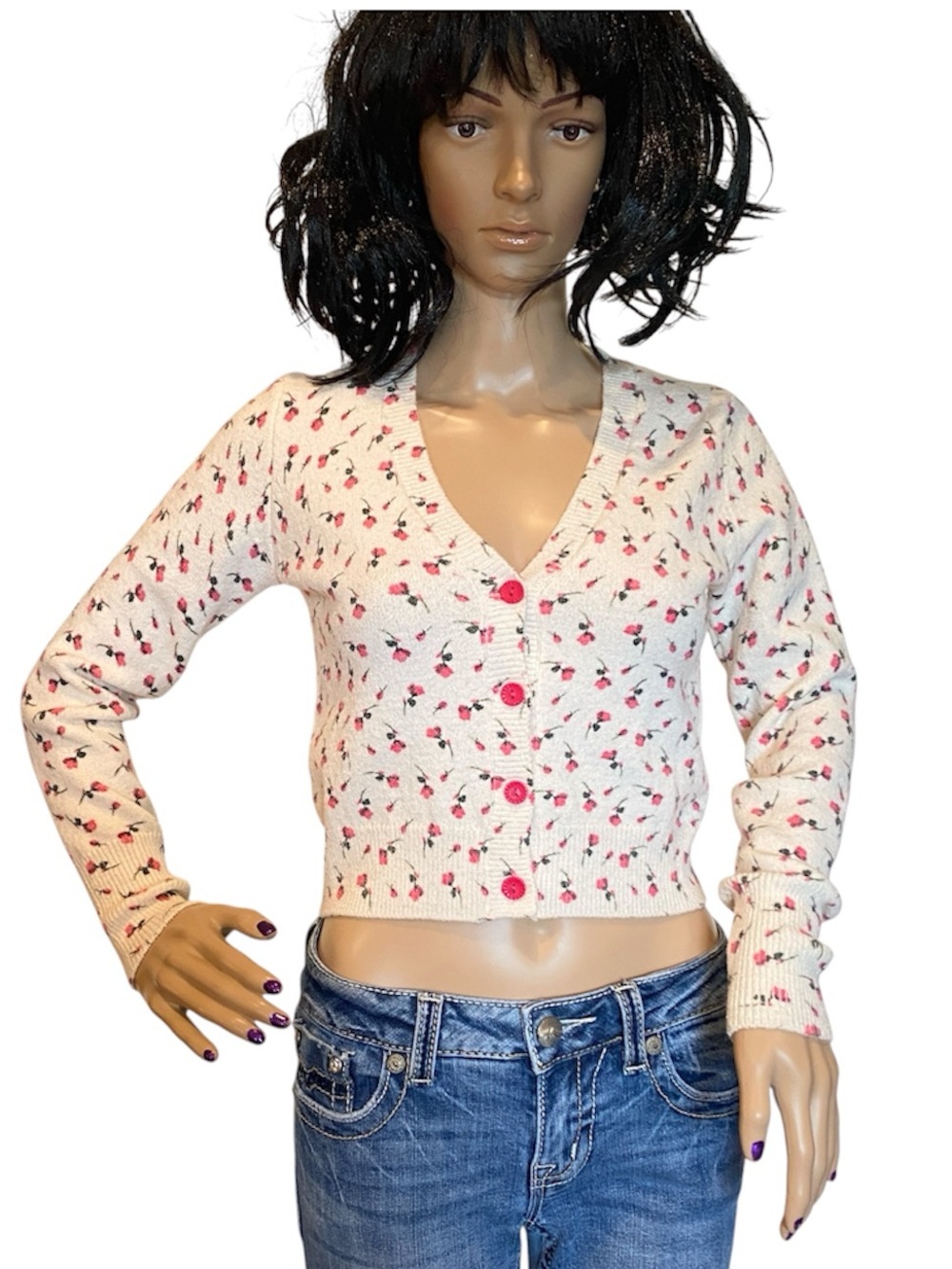 Zara Floral Knit Jacquard Cardigan Sweater Cropped Pink Flowers Size Small EUC